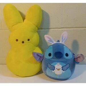 Easter Plush Duo- 10” Stitch W/Bunny Ears Holding Baby Chic & 16" Yellow Peeps